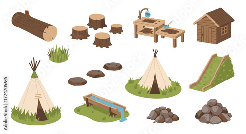 Various elements are presented for creating a natural playground or playscape for children in an.