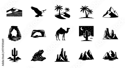 Collection of black and white desert landscape icons with mountains, animals, and plants.
