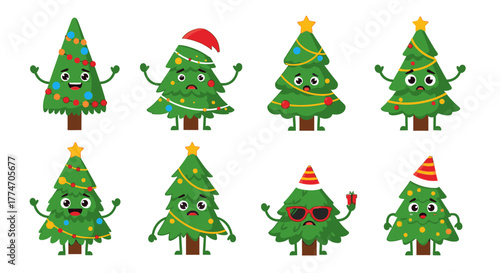 Set of cartoon Christmas trees with various decorations and emotions, perfect for holiday themed.
