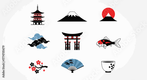 Collection of Japanese cultural symbols including pagoda, mount fuji, torii gate, koi fish, and.
