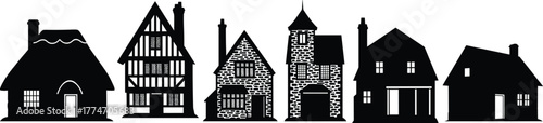 Traditional house silhouettes, cottage and Tudor styles, stone buildings, historic architecture vector, black clipart, vintage homes, European design icons