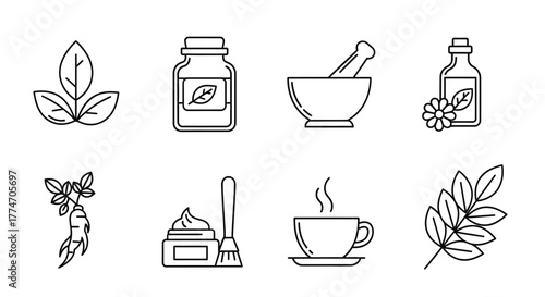 Collection of outline icons representing natural medicine and organic cosmetics on a white surface.