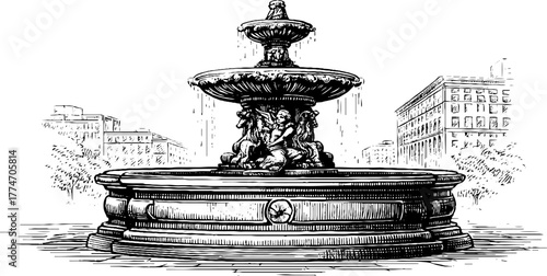 Classical fountain with cherub sculpture and bas reliefs - vintage engraving for retro design