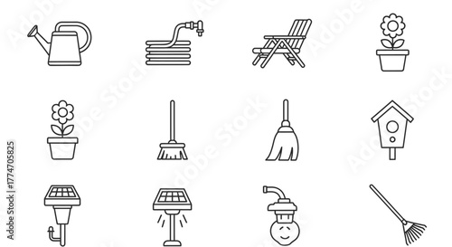 A collection of gardening and outdoor living icons are displayed in a simple line drawing style.