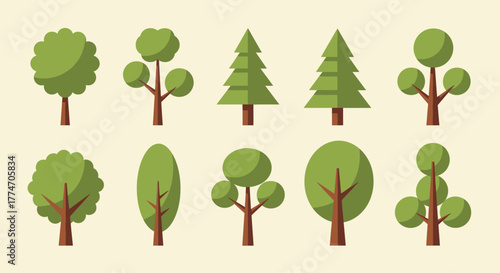 A collection of stylized trees is presented against a light neutral color, showcasing various.