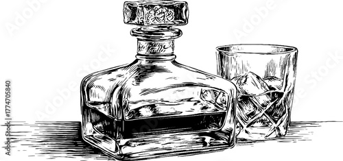 Vintage crystal decanter and glass set with ornate stopper for classic beverage presentation