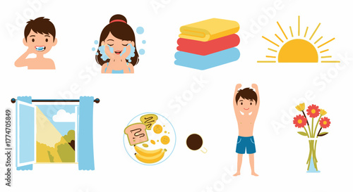 This image shows various elements of a morning routine, including brushing teeth, washing face,.