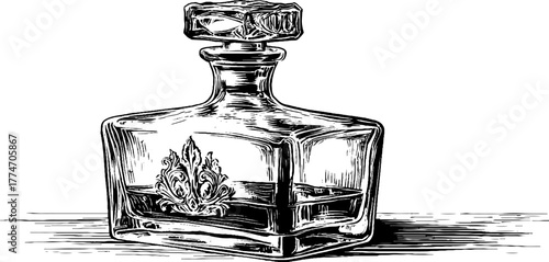 Vintage crystal decanter with ornate stopper hand drawn engraving for retro decor design