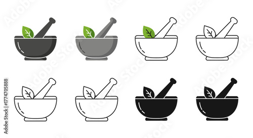 Collection of mortar and pestle icons with a leaf, symbolizing natural medicine and herbal remedies.