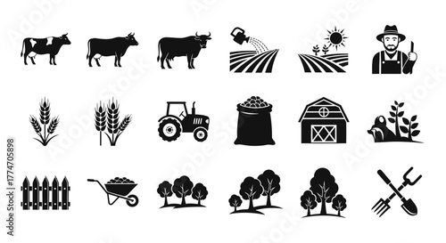 Set of black and white agriculture icons featuring farmer, farm animals, and equipment for.
