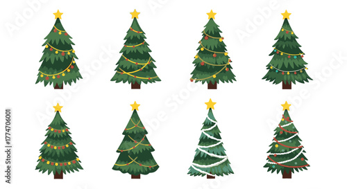 Collection of decorated Christmas trees with festive lights and star toppers, isolated on a white.