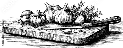Rustic culinary tools garlic herbs and knife on cutting board sketch for kitchen design