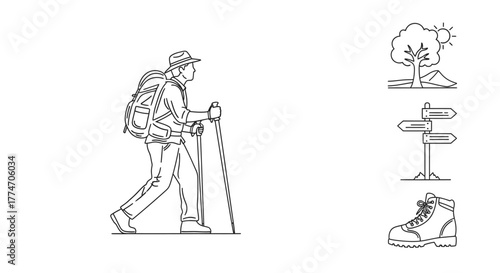 A hiker with backpack and trekking poles is depicted alongside outdoor adventure icons in a.
