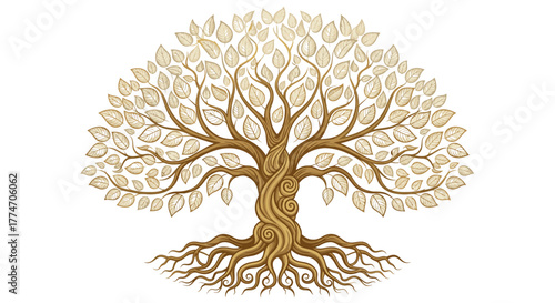 A stylized golden tree with intricate branches and roots conveys a sense of growth and connection to.