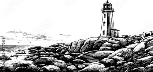 Vintage lighthouse on rocky coastline engraving for nautical theme and coastal decor