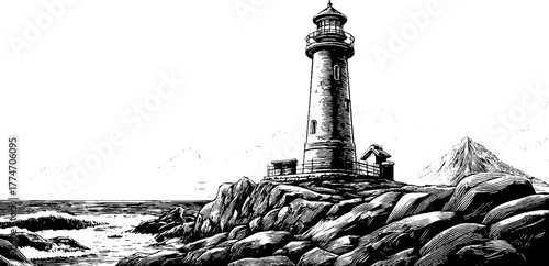 Vintage distant lighthouse on rocky coast for nautical design
