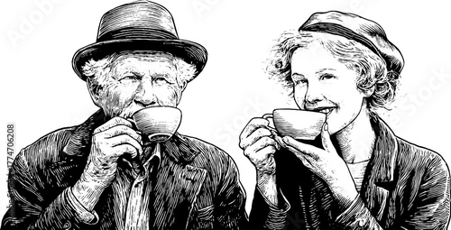 Vintage scene of elderly couple enjoying tea on porch in engraved style