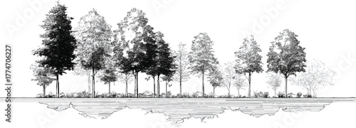 Black and white illustration of a diverse line of deciduous trees with textured foliage and reflective water below