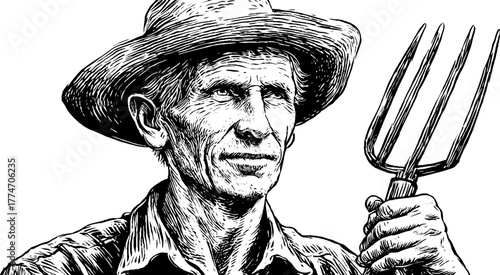 Vintage portrait of elderly farmer with straw hat holding pitchfork