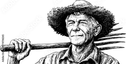 Elderly farmer with straw hat holding rake - vintage engraving art for rustic decor