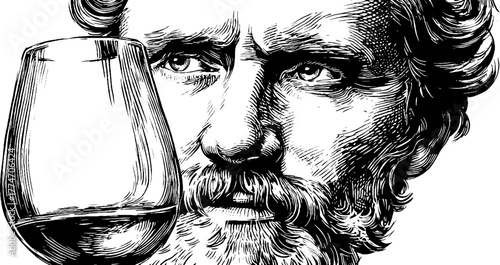 Elegant vintage engraving of wine glass and thoughtful man – perfect for design, poster, or card