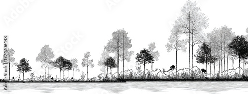 Black and white line drawing of a forest edge with trees and water nature river