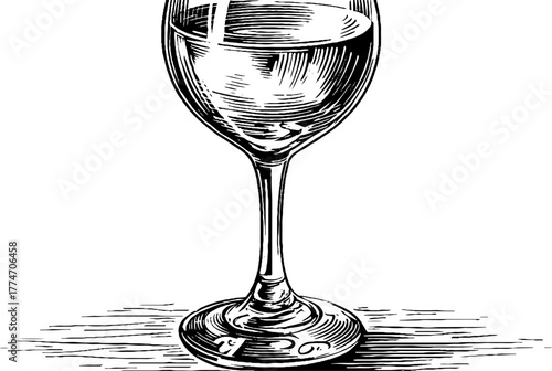 Elegant wine glass engraving design vintage sketch hand drawn silhouette. Classic artistic illustration of refined crystal drinkware with detailed linework and luxury decor.
