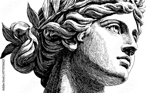 Serene female marble bust with draped toga engraving art for classic decor