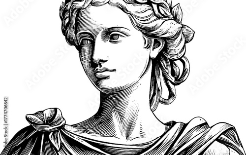 Engraving female marble bust toga vintage sketch hand drawn serene portrait. Classical art illustration of elegant statue with refined antique beauty and intricate detail.
