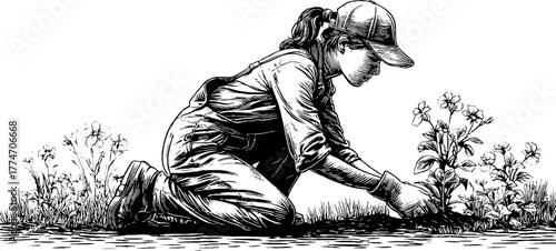 Vintage gardening scene with woman planting flowers in glove - perfect for nature-themed design