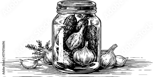 Vintage pickles in glass jar with garlic and herbs - retro design for kitchen decor
