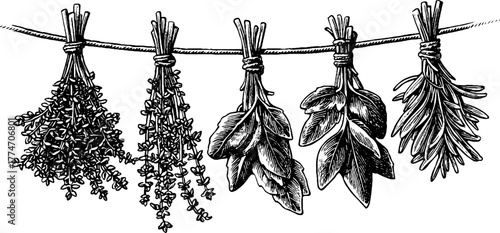 Vintage herbal bunches hanging to dry on twine for rustic decor or botanical design