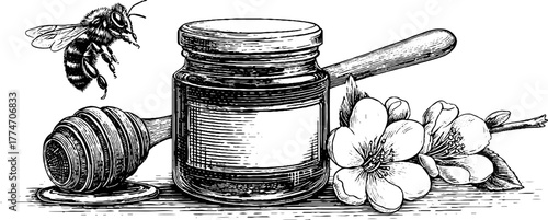 Vintage honey jar with bee and flower sketch for retro design