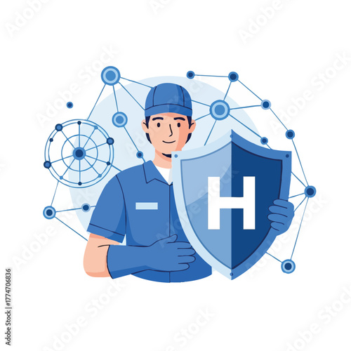 A diligent professional in uniform confidently holds a shield with an 'H' symbol, representing robust digital security, data protection, and health integrity.