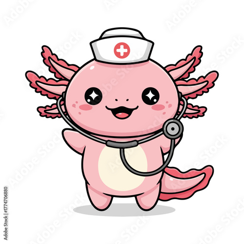 Cute Nurse Axolotl Wearing Hat with Red Cross and Stethoscope Vector.