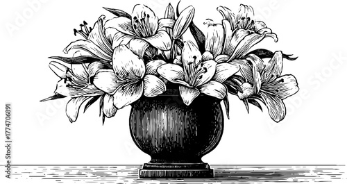 Elegant lily bouquet in classical urn vase engraving for vintage design and decor
