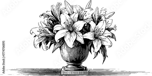 Elegant classical lily bouquet in urn vase for vintage design and decoration