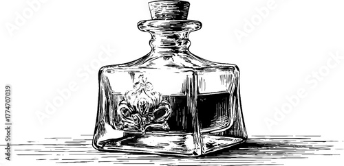 Vintage liquor decanter with glass stopper and ornate design sketch for retro decor