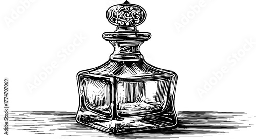 Vintage decanter with ornate glass stopper sketch for retro decor or label design