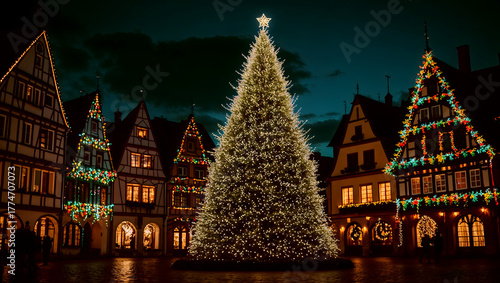 Christmas tree square night white lights star decorated half-timbered houses colorful lights festive cheerful holiday celebration winter atmosphere generative AI