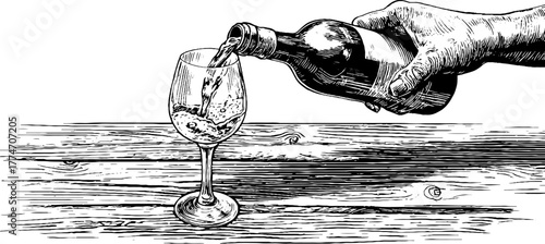 Vintage hand engraving of man pouring wine into glass on rustic wooden table