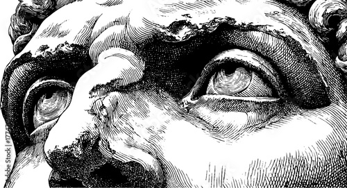 Vintage engraving of weathered marble bust with missing eyes for retro design