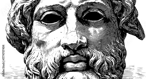 Vintage engraving of marble bust with missing eyes and worn surface for artistic design