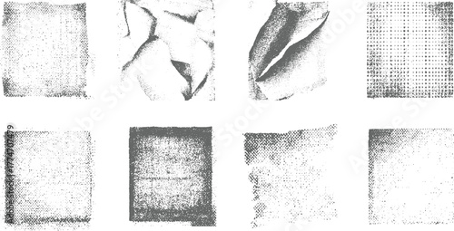 Eight monochrome grunge textures with distressed dot patterns and torn edges vector
