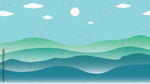 Illustration of bright sky, mountains and morning fog