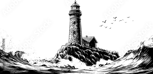 Vintage engraving of a stone lighthouse on a cliff with ocean waves and birds