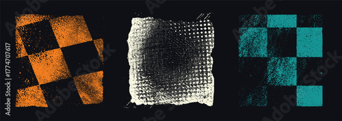 Three distressed checkered patterns in orange cream and teal on dark background white black