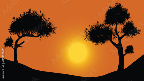 Sunset illustration in the mountains, black silhouette of trees in Africa