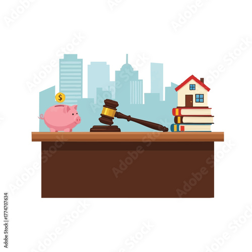 This illustration depicts legal and financial aspects of property ownership and savings, featuring a gavel, piggy bank, and house model against a city backdrop.
