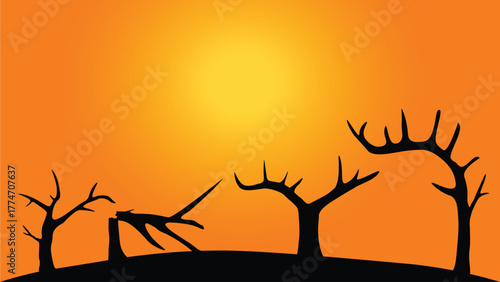 Sunset illustration of black silhouette of a dead tree in Africa.